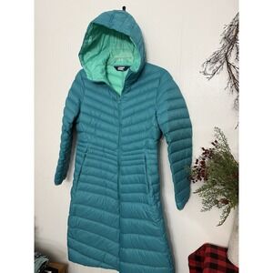 Lands End Womens Down Puffer Coat Long Hooded Teal Zip Pockets S 6 8